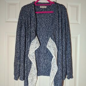 White & Blue Marled Knit Lace Waterfall Cardigan